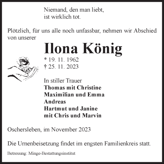 Traueranzeige von Ilona König von Volksstimme Oschersleben/Wanzleben