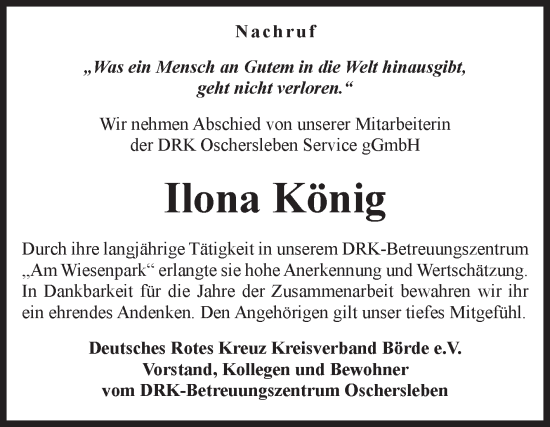 Traueranzeige von Ilona König von Volksstimme Oschersleben/Wanzleben