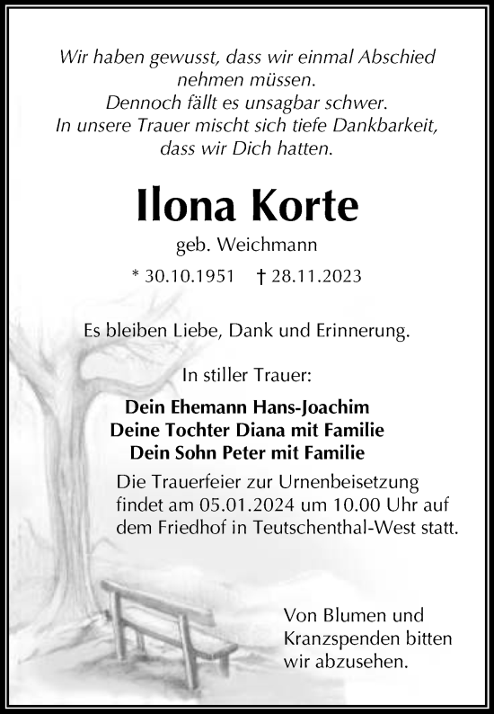 Traueranzeige von Ilona Korte von Mitteldeutsche Zeitung Halle/Saalkreis