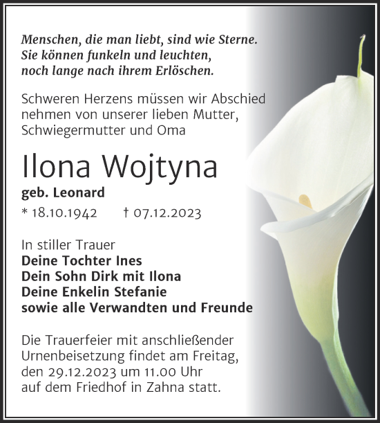 Traueranzeige von Ilona Wojtyna von Trauerkombi Wittenberg