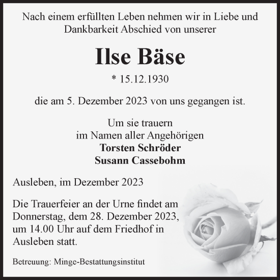 Traueranzeige von Ilse Bäse von Volksstimme Oschersleben/Wanzleben
