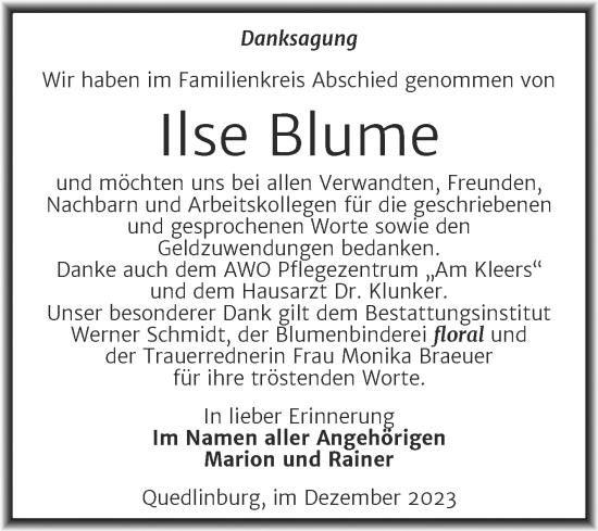 Traueranzeige von Ilse Blume von Trauerkombi Quedlinburg
