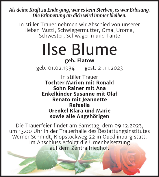 Traueranzeige von Ilse Blume von Trauerkombi Quedlinburg
