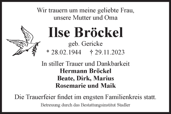 Traueranzeige von Ilse Bröckel von Volksstimme Haldensleben/Wolmirstedt