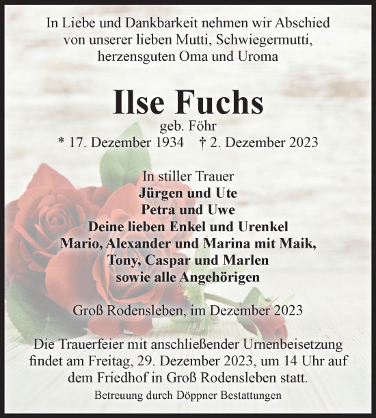 Traueranzeige von Ilse Fuchs von Volksstimme Oschersleben/Wanzleben