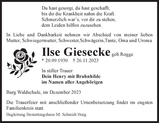 Traueranzeige von Ilse Giesecke von Volksstimme Burg/Genthin