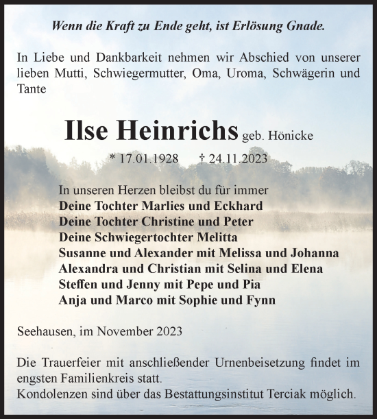 Traueranzeige von Ilse Heinrichs von Volksstimme Oschersleben/Wanzleben