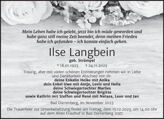 Traueranzeige von Ilse Langbein von Trauerkombi Merseburg