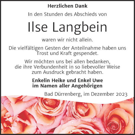Traueranzeige von Ilse Langbein von Trauerkombi Merseburg