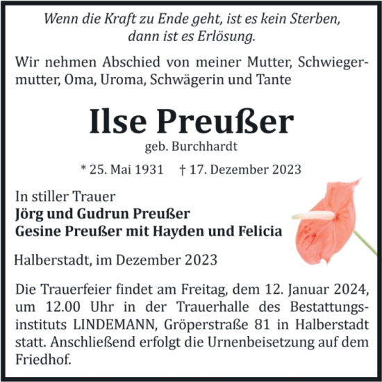 Traueranzeige von Ilse Preußer von Volksstimme Halberstadt