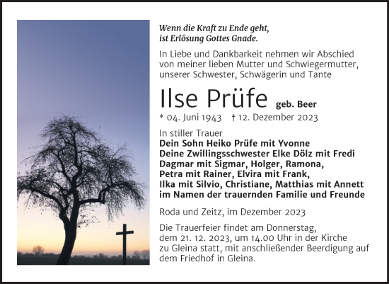 Traueranzeige von Ilse Prüfe von Trauerkombi Zeitz