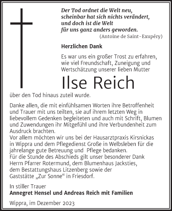Traueranzeige von Ilse Reich von Mitteldeutsche Zeitung Mansfelder Land