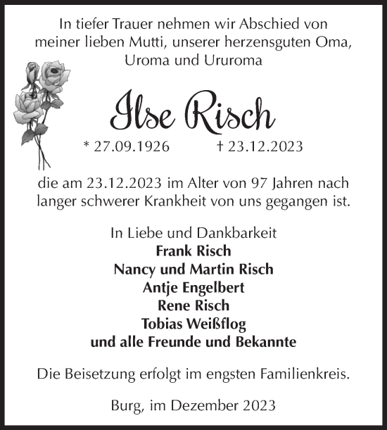 Traueranzeige von Ilse Risch von Volksstimme Burg/Genthin