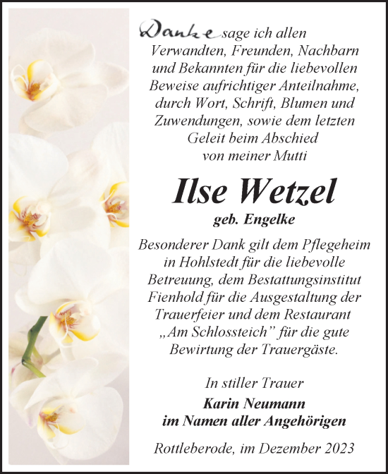 Traueranzeige von Ilse Wetzel von Trauerkombi Sangerhausen