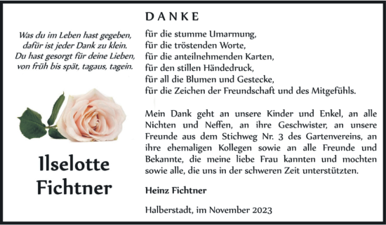 Traueranzeige von Ilselotte Fichtner von Volksstimme Halberstadt