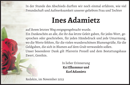 Traueranzeige von Ines Adamietz von Volksstimme Altmark Ost