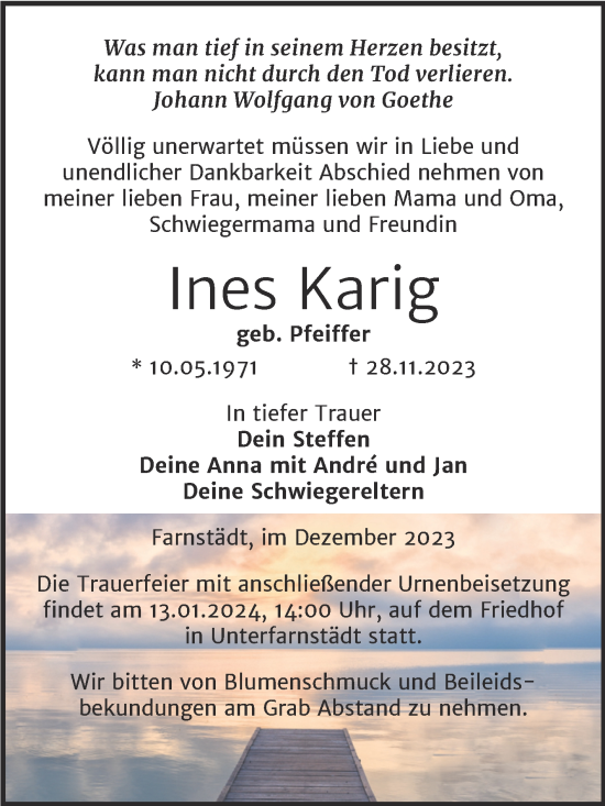 Traueranzeige von Ines Karig von Mitteldeutsche Zeitung Halle/Saalkreis