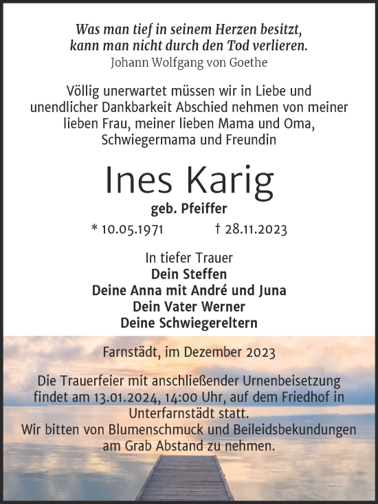Traueranzeige von Ines Karig von Mitteldeutsche Zeitung Merseburg/Querfurt