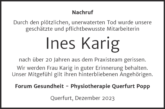 Traueranzeige von Ines Karig von Super Sonntag Merseburg/Querfurt