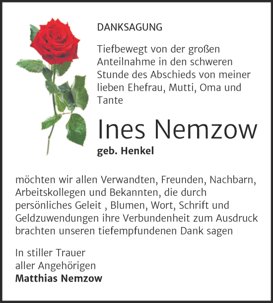 Traueranzeige von Ines Nemzow von Trauerkombi Sangerhausen