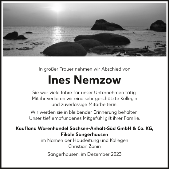 Traueranzeige von Ines Nemzow 