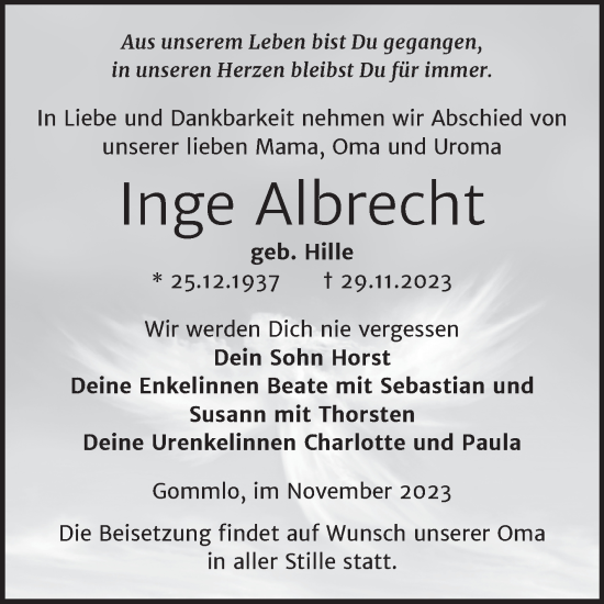Traueranzeige von Inge Albrecht von Trauerkombi Wittenberg
