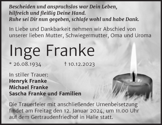Traueranzeige von Inge Franke von Mitteldeutsche Zeitung Halle/Saalkreis