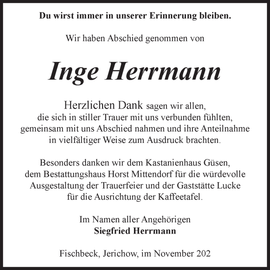 Traueranzeige von Inge Herrmann von Volksstimme Altmark Ost