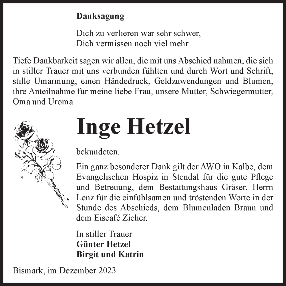  Traueranzeige für Inge Hetzel vom 30.12.2023 aus Volksstimme Altmark Ost
