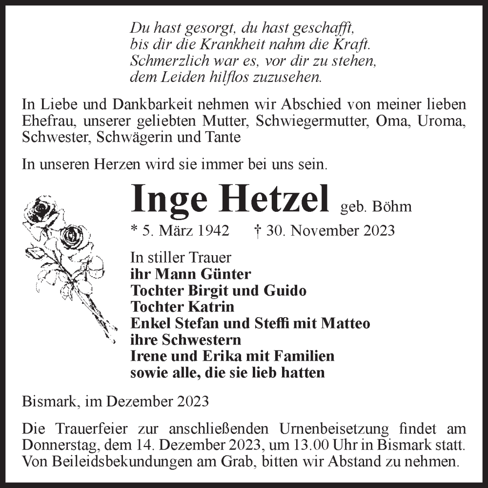  Traueranzeige für Inge Hetzel vom 09.12.2023 aus Volksstimme Altmark Ost