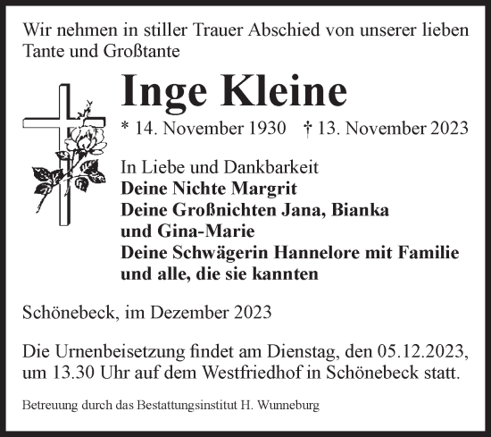 Traueranzeige von Inge Kleine von Volksstimme Schönebeck
