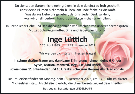 Traueranzeige von Inge Lüttich von Volksstimme Wernigerode