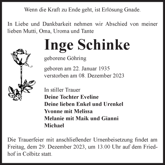 Traueranzeige von Inge Schinke von Volksstimme Haldensleben/Wolmirstedt