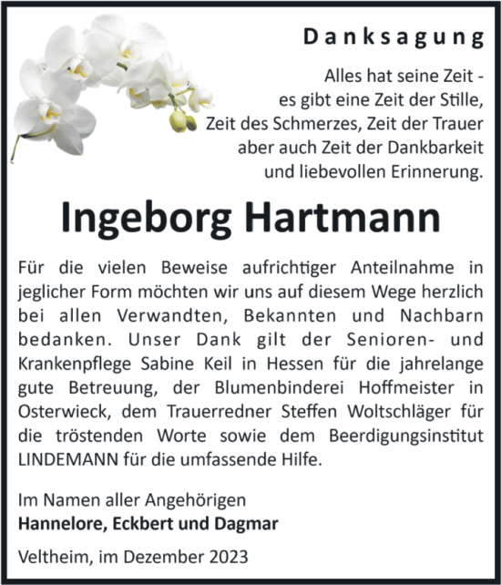 Traueranzeige von Ingeborg Hartmann von Volksstimme Halberstadt