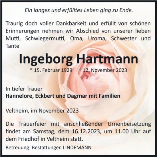 Traueranzeige von Ingeborg Hartmann von Volksstimme Halberstadt