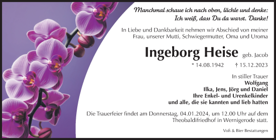 Traueranzeige von Ingeborg Heise von Volksstimme Wernigerode