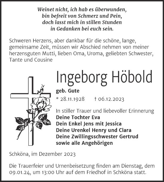 Traueranzeige von Ingeborg Höbold von Trauerkombi Wittenberg