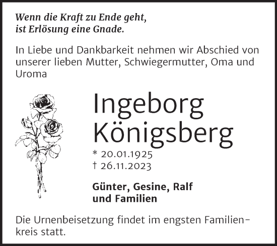 Traueranzeige von Ingeborg Königsberg von Trauerkombi Wittenberg