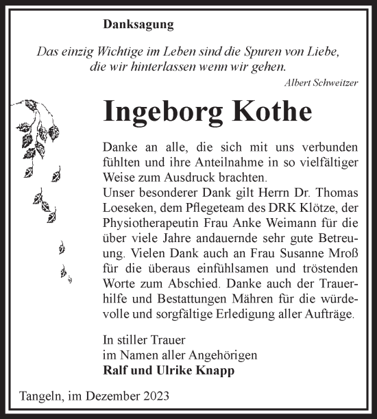 Traueranzeige von Ingeborg Kothe von Volksstimme Altmark West