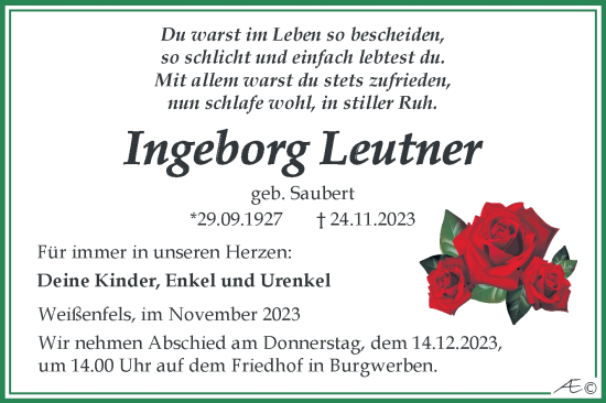 Traueranzeige von Ingeborg Leutner von Trauerkombi Weißenfels