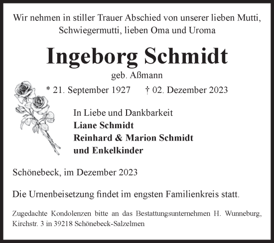 Traueranzeige von Ingeborg Schmidt von Volksstimme Staßfurt