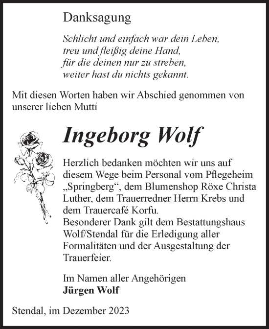 Traueranzeige von Ingeborg Wolf von Volksstimme Altmark Ost