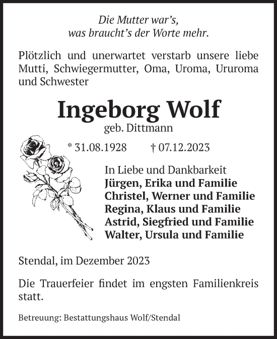 Traueranzeige von Ingeborg Wolf von Volksstimme Altmark Ost