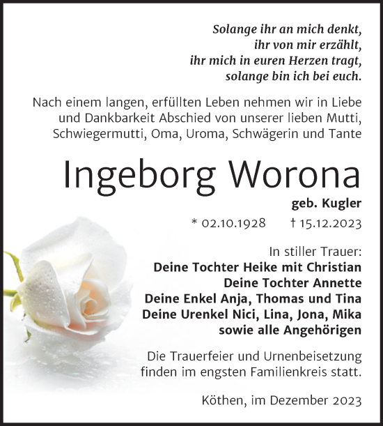 Traueranzeige von Ingeborg Worona von Trauerkombi Köthen