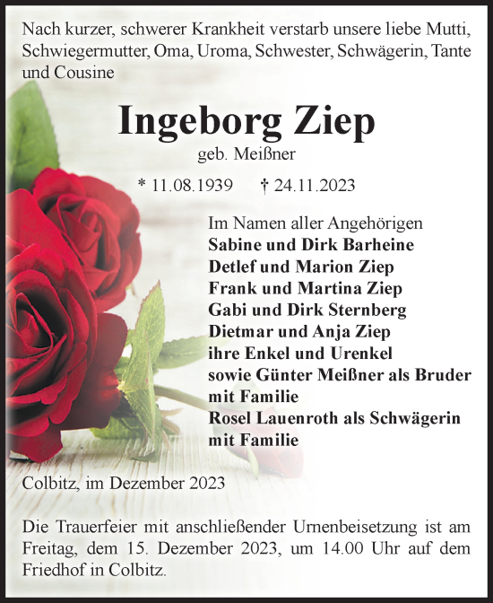 Traueranzeige von Ingeborg Ziep von Volksstimme Haldensleben/Wolmirstedt