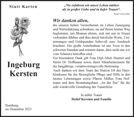 Traueranzeige von Ingeburg Kersten von Volksstimme Wernigerode