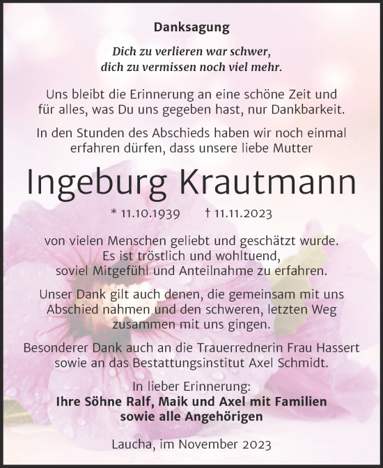 Traueranzeige von Ingeburg Krautmann von Wochenspiegel Naumburg/Nebra