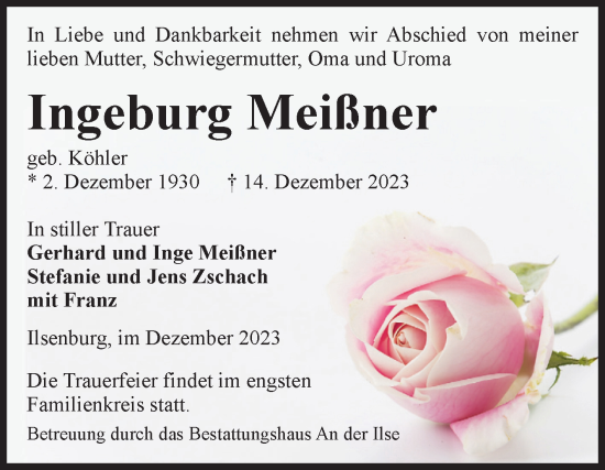 Traueranzeige von Ingeburg Meißner von Volksstimme Wernigerode