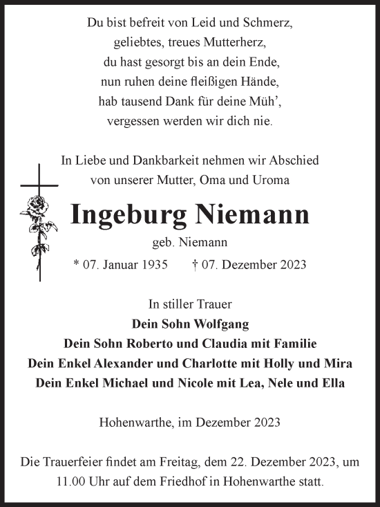 Traueranzeige von Ingeburg Niemann von Volksstimme Burg/Genthin