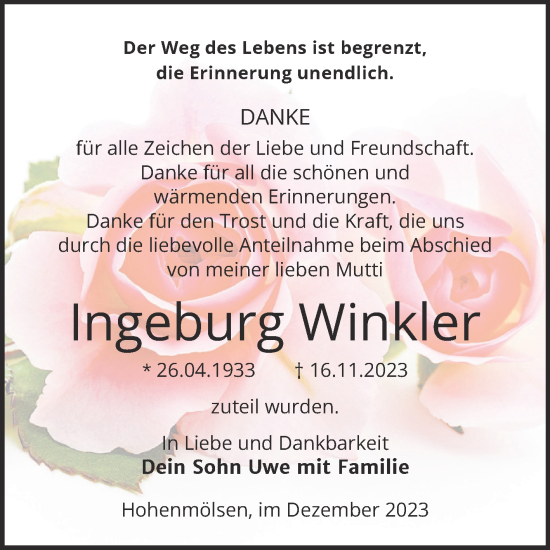 Traueranzeige von Ingeburg Winkler von Trauerkombi Weißenfels
